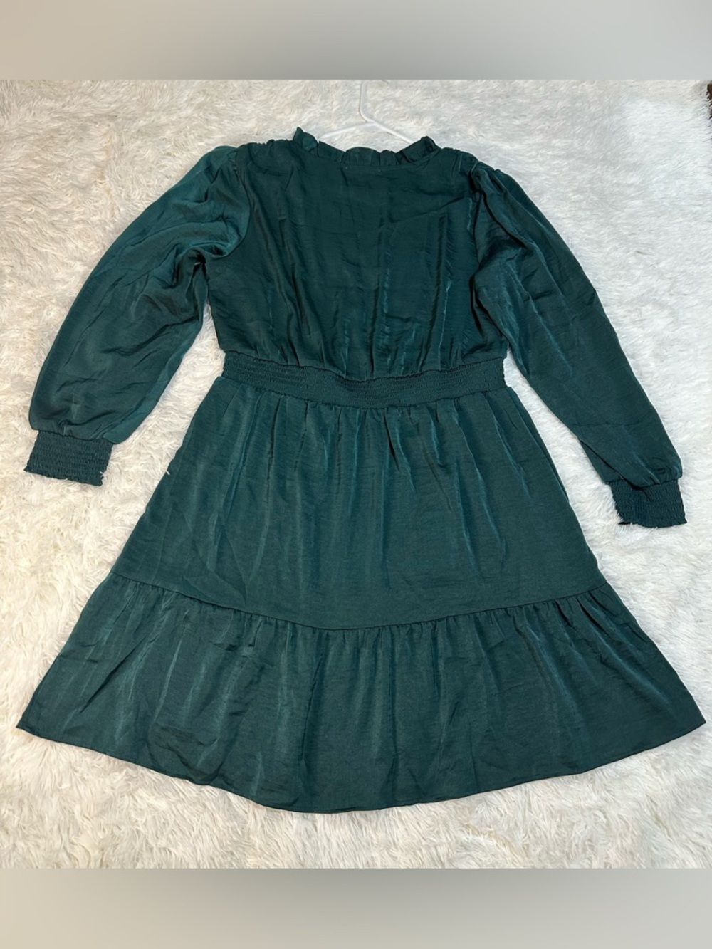Lucky Brand Emerald Long-Sleeve V-Neck Smocked Mini Dress Ruffle XL Elegant - Picture 3 of 11